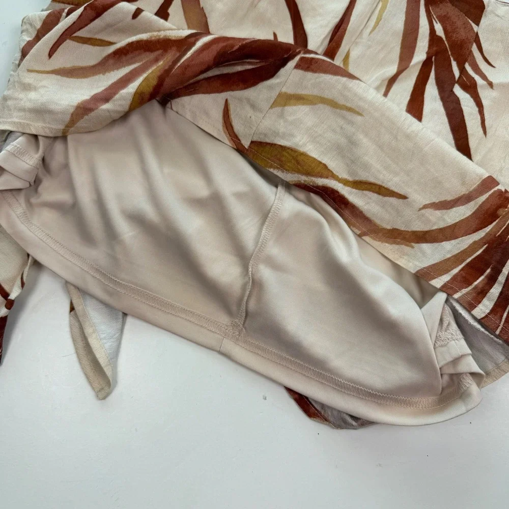 Tropical Palm Print Faux Wrap Mini Skirt Side Tie Cream Terracotta Large